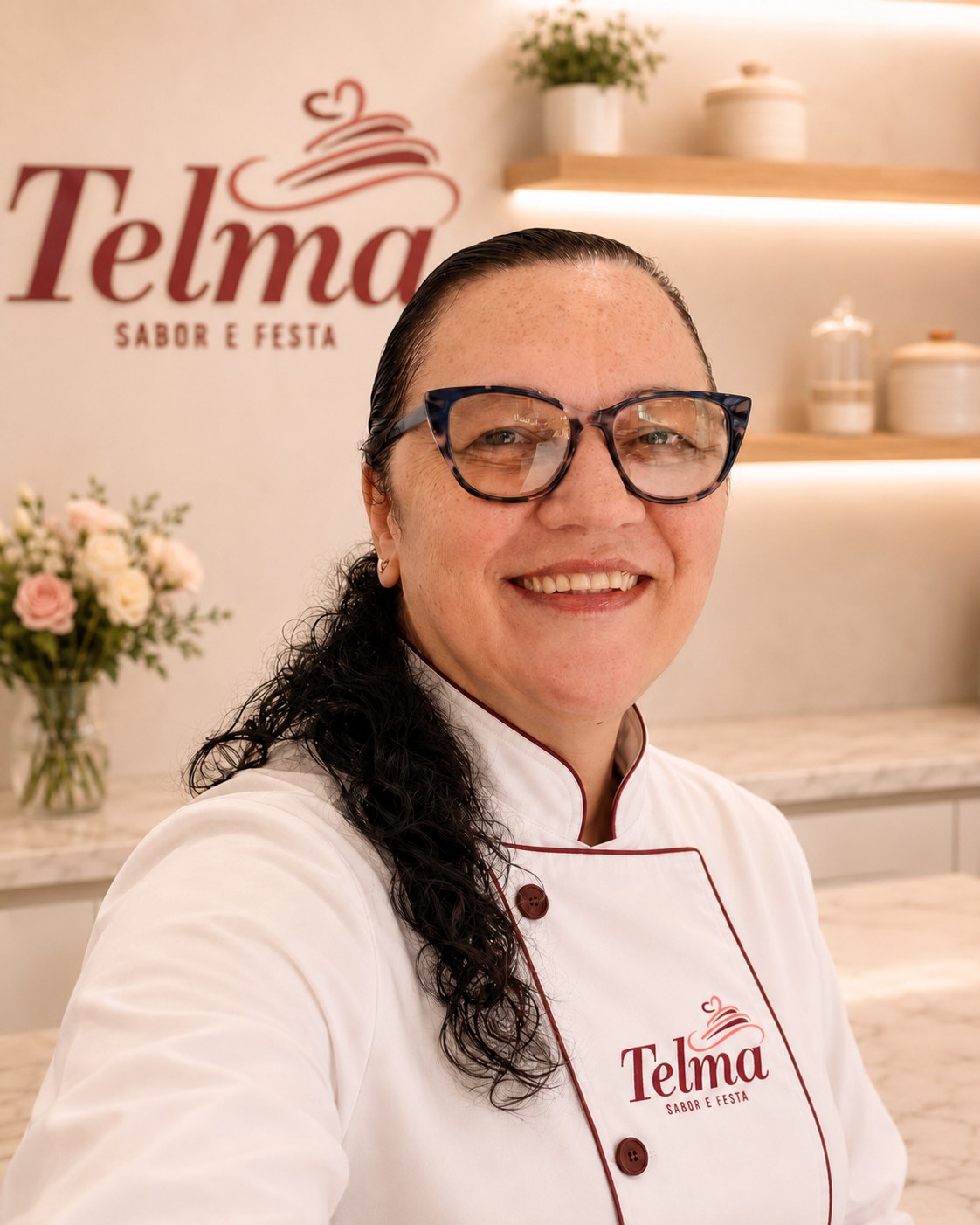 Telma, confeiteira da Sabor e Festa, com o jaleco da marca